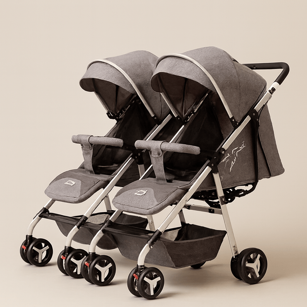 Poussette double compacte – conçue pour les familles avec deux enfants, cette poussette offre confort, sécurité et praticité au quotidien. Grâce à ses assises indépendantes, elle s’adapte aux besoins de chaque enfant, dès la naissance jusqu’à 4 ans.  Confort et sécurité pour vos enfants Chaque siège est équipé d’un canopy protecteur et d’un harnais de sécurité. Les assises réglables permettent une position assise ou allongée, idéale pour les siestes ou les moments de découverte. La structure robuste assure 