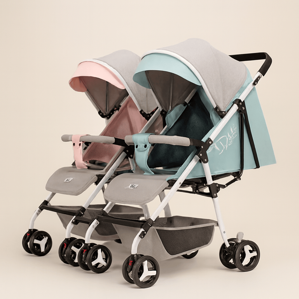 Poussette double compacte – conçue pour les familles avec deux enfants, cette poussette offre confort, sécurité et praticité au quotidien. Grâce à ses assises indépendantes, elle s’adapte aux besoins de chaque enfant, dès la naissance jusqu’à 4 ans.  Confort et sécurité pour vos enfants Chaque siège est équipé d’un canopy protecteur et d’un harnais de sécurité. Les assises réglables permettent une position assise ou allongée, idéale pour les siestes ou les moments de découverte. La structure robuste assure 